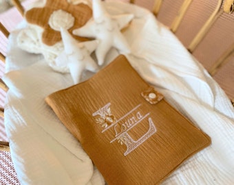 Embroidered health book cover CAMEL - Embroidered and Personalized cotton gauze - Embroidered initial + first name