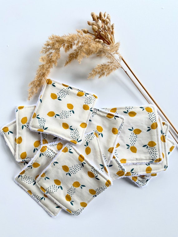 Washable makeup remover cottons - 10 x 10 cm -LEMON fabric - Oekotex - Washable wipes Zero Waste -