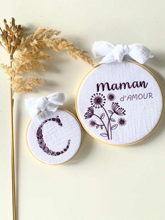 Embroidered Tambourine Frame Mother's Day / Initial - White Gauze / LILAC - Choice of
