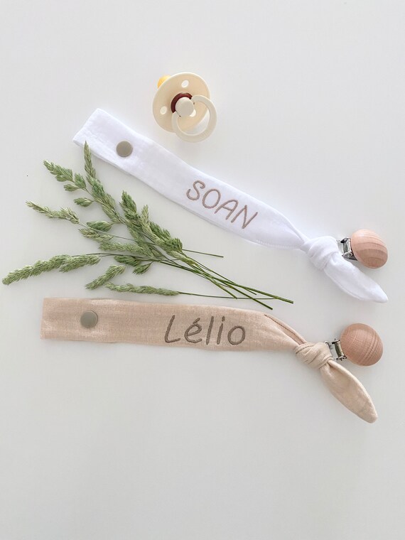 Personalized Knotted Nipple Attachment - Cotton GAZE / WOOD - Oekotex - Birth gift - cuddly toy attachment - lollipop attachment - embroidered first name