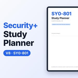 May include: A digital study planner for the CompTIA Security+ SY0-801 exam. The interface features blue and black text on a white background, including tabs for dashboard, skills, schedule, notes, tests, key terms, and exam day.