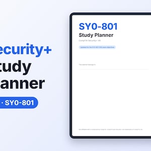 May include: A digital study planner for the CompTIA Security+ SY0-801 exam. The interface features blue and black text on a white background, including tabs for dashboard, skills, schedule, notes, tests, key terms, and exam day.