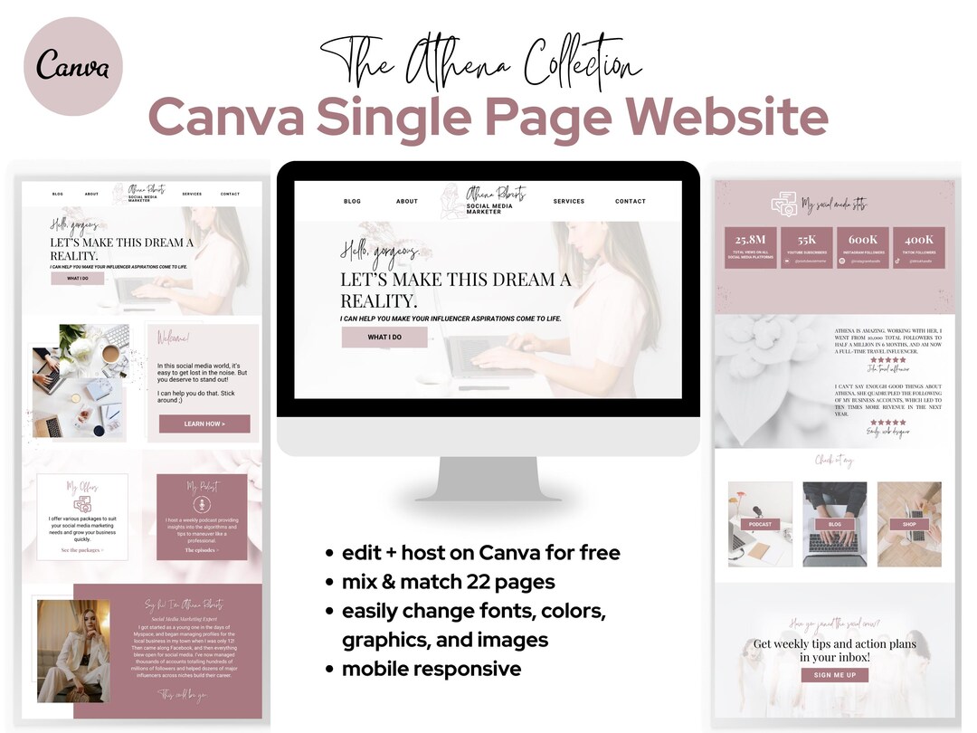 Athena | Canva Website Template Editable Canva Template One Page ...