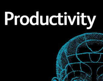 May include: A black graphic print featuring the white text Maximum Productivity above a blue stippled illustration of a human head with visible cranial mapping lines. The design focuses on the face and forehead area against a solid black background.