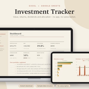 Investment Tracker Excel & Google Sheets, Dividend Tracker, Stock Portfolio Tracker, ETF + Asset Allocation, Rebalancing | Neutral Cream image 1