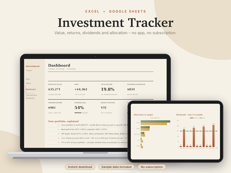 Investment Tracker Excel & Google Sheets, Dividend Tracker, Stock Portfolio Tracker, ETF + Asset Allocation, Rebalancing | Neutral Cream image 1
