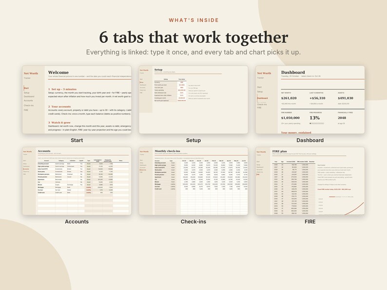 Net Worth Tracker Excel & Google Sheets, FIRE Calculator, Assets + Debt Tracker, Wealth Tracker, Financial Independence | Neutral Cream image 4