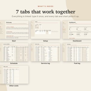 May include: A digital spreadsheet template featuring seven interconnected tabs labeled Welcome, Setup, Dashboard, Schedule, Service log, Fuel log, and Other costs. The interface uses a light beige color scheme with dark text and organized data tables.