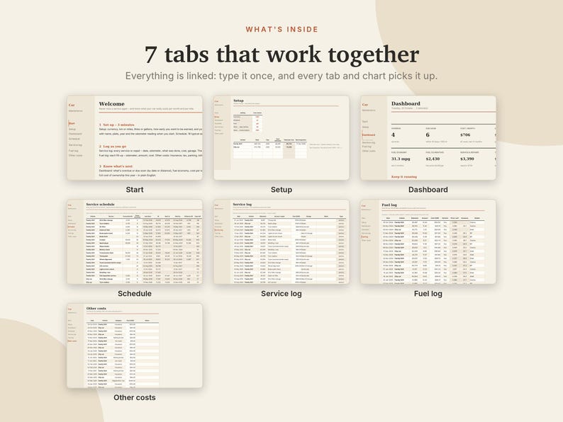 May include: A digital spreadsheet template featuring seven interconnected tabs labeled Welcome, Setup, Dashboard, Schedule, Service log, Fuel log, and Other costs. The interface uses a light beige color scheme with dark text and organized data tables.