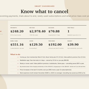 K&ouml;nnte beinhalten: Eine digitale Dashboard-Oberfl&auml;che mit dem Titel Know what to cancel, die Finanzdaten anzeigt, darunter monatliche Kosten von 248,20 $, j&auml;hrliche Kosten von 2.978,40 $, f&auml;llige Zahlungen von 70,88 $ und eine Liste zur Abo-Verwaltung.