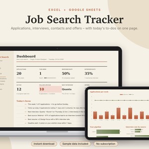 May include: A digital Job Search Tracker for Excel and Google Sheets displayed on a laptop and tablet screen. The dashboard shows metrics like applications, response rates, interview rates, and a list of daily tasks in a clean, organized layout.