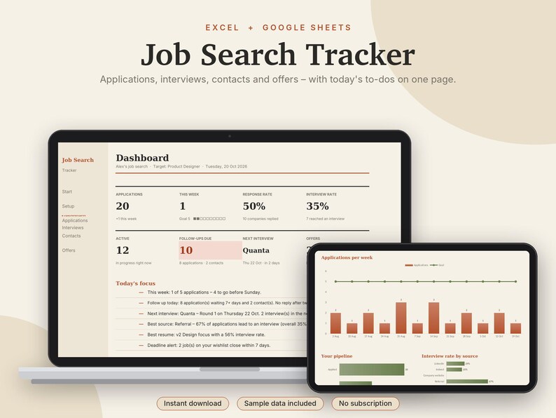 May include: A digital Job Search Tracker for Excel and Google Sheets displayed on a laptop and tablet screen. The dashboard shows metrics like applications, response rates, interview rates, and a list of daily tasks in a clean, organized layout.