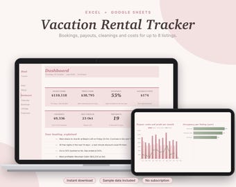 Ferienwohnungs-Tracker (Excel & Google Sheets) für Airbnb- und Vrbo-Gastgeber: Buchungskalender, Auslastung und Gewinn | Pink Aesthetic