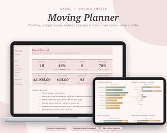 Moving Planner Excel & Google Sheets, Moving Checklist, Moving Budget, Box Inventory, New Home Checklist Spreadsheet | Pink Aesthetic