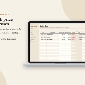 K&ouml;nnte beinhalten: Ein Laptop-Bildschirm zeigt eine Preistabelle mit Spalten f&uuml;r Datum, Abonnement, alten Preis, neuen Preis, &Auml;nderung und j&auml;hrliche Mehrkosten. Der Text auf dem Bildschirm lautet Track price increases und Price log.