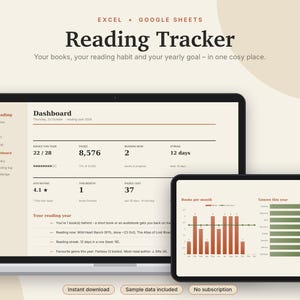 May include: A digital reading tracker for Excel and Google Sheets displayed on a laptop and tablet screen. The interface shows a dashboard with reading statistics, book counts, pages read, and a bar chart of books per month in beige and red.