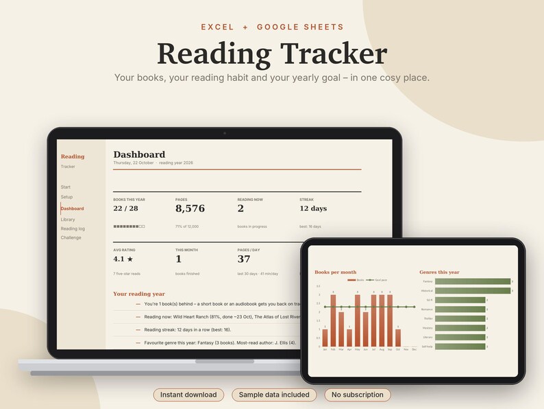May include: A digital reading tracker for Excel and Google Sheets displayed on a laptop and tablet screen. The interface shows a dashboard with reading statistics, book counts, pages read, and a bar chart of books per month in beige and red.