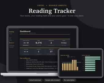 Reading Tracker Excel & Google Sheets, Book Log + Reading Journal, Reading Challenge, TBR List, Book Tracker Spreadsheet | Dark Mode