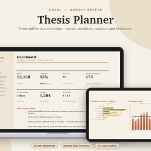 Thesis Planner Excel & Google Sheets, Dissertation Tracker, Word Count Tracker, PhD + Master Thesis Timeline, Gantt Chart | Neutral Cream image 1