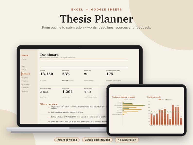 Thesis Planner Excel & Google Sheets, Dissertation Tracker, Word Count Tracker, PhD + Master Thesis Timeline, Gantt Chart | Neutral Cream image 1