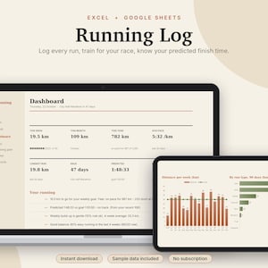 Lauftagebuch (Excel & Google Sheets), Lauftracker + Halbmarathon-Trainingsplan, Temporechner, Wettkampfprognose, Schuhprotokoll | Neutral Cream Bild 1