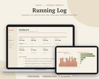Running Log Excel & Google Sheets, Run Tracker + Half Marathon Training Plan, Pace Calculator, Race Predictor, Shoe Log | Neutral Cream