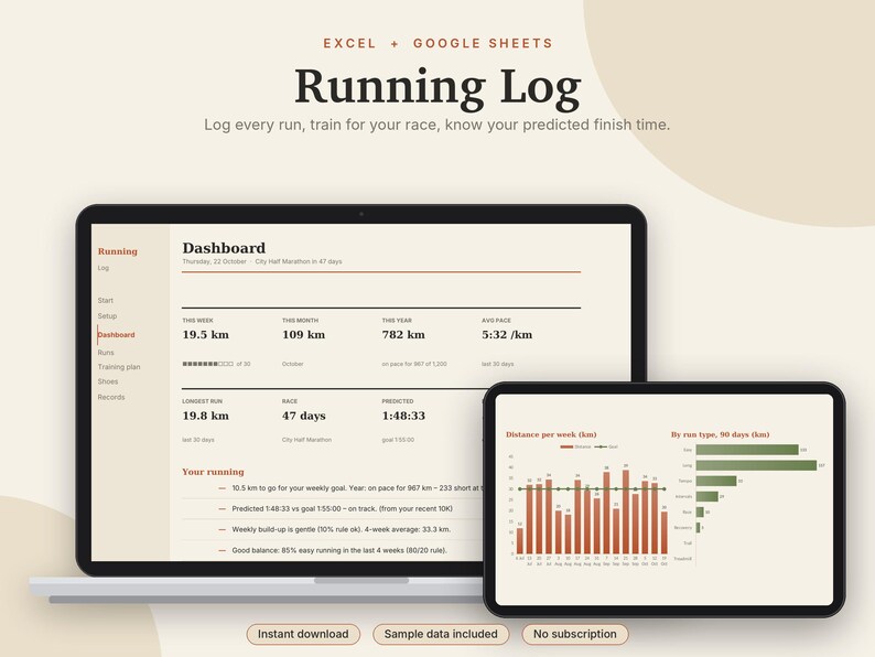 Lauftagebuch (Excel & Google Sheets), Lauftracker + Halbmarathon-Trainingsplan, Temporechner, Wettkampfprognose, Schuhprotokoll | Neutral Cream Bild 1