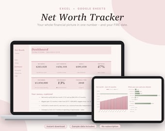 Net Worth Tracker Excel & Google Sheets, FIRE Calculator, Assets + Debt Tracker, Wealth Tracker, Financial Independence | Pink Aesthetic