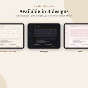 May include: Three digital tablet screens displaying a dashboard interface in Editorial, Midnight, and Blush color themes. The text reads: CHOOSE YOUR STYLE, Available in 3 designs, Same features - pick the look you love. This listing: Editorial.