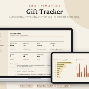 Gift Tracker Excel & Google Sheets, Christmas Gift List + Budget, Birthday Reminder, Gift Ideas Planner, Holiday Planner | Neutral Cream