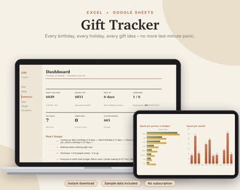 Gift Tracker Excel & Google Sheets, Christmas Gift List + Budget, Birthday Reminder, Gift Ideas Planner, Holiday Planner | Neutral Cream