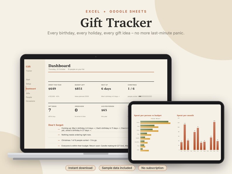 Gift Tracker Excel & Google Sheets, Christmas Gift List + Budget, Birthday Reminder, Gift Ideas Planner, Holiday Planner | Neutral Cream image 1
