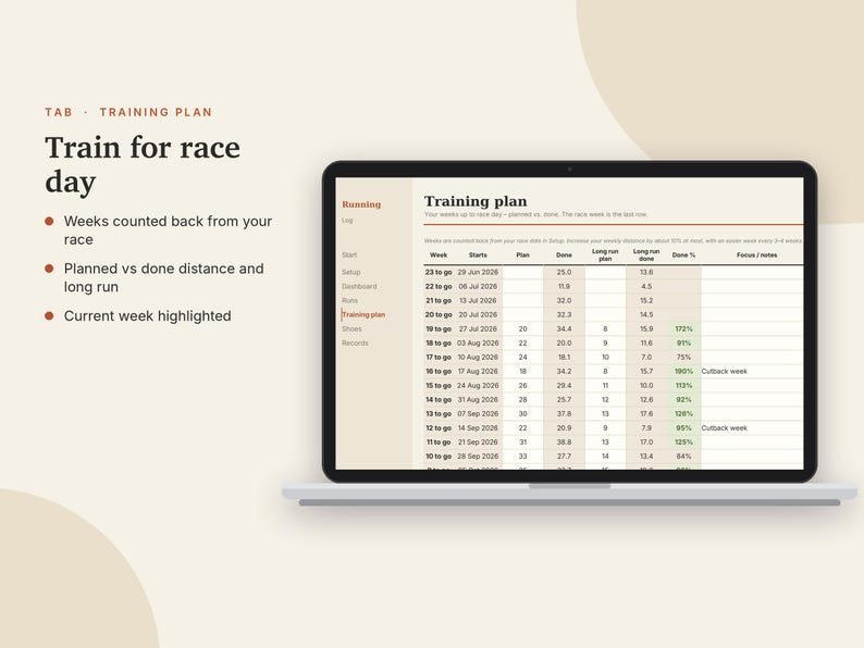 Lauftagebuch (Excel & Google Sheets), Lauftracker + Halbmarathon-Trainingsplan, Temporechner, Wettkampfprognose, Schuhprotokoll | Neutral Cream Bild 6