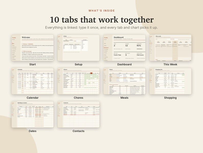 Family Planner Excel & Google Sheets, Weekly Family Calendar, Chore Chart with Rewards, Meal Planner, Family Organizer | Neutral Cream image 4