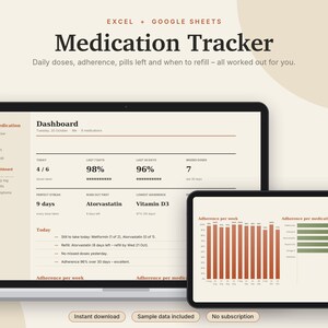 Medication Tracker Excel & Google Sheets, Pill Log, Daily Medicine Schedule, Refill Reminder, Health Tracker | Neutral Cream image 1