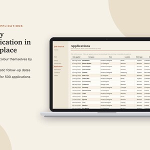 May include: A laptop screen displaying a digital job search application tracker. The interface features a table with columns for date, company, role, location, work type, and source. Text on the left reads: Every application in one place.