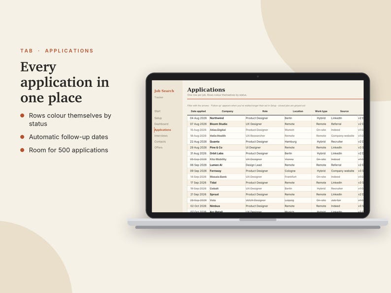 May include: A laptop screen displaying a digital job search application tracker. The interface features a table with columns for date, company, role, location, work type, and source. Text on the left reads: Every application in one place.