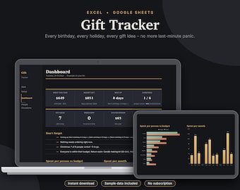 Gift Tracker Excel & Google Sheets, Christmas Gift List + Budget, Birthday Reminder, Gift Ideas Planner, Holiday Planner | Dark Mode