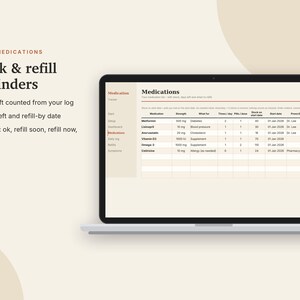 Medication Tracker Excel & Google Sheets, Pill Log, Daily Medicine Schedule, Refill Reminder, Health Tracker | Neutral Cream image 5