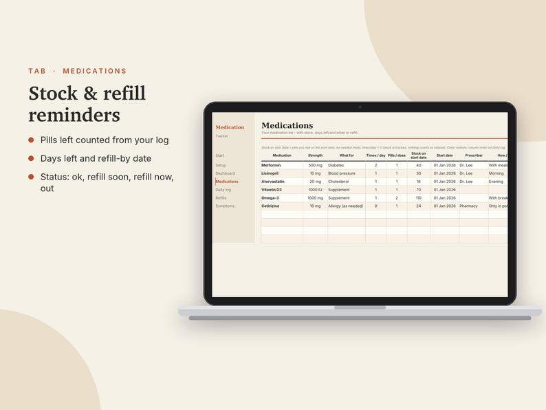 Medication Tracker Excel & Google Sheets, Pill Log, Daily Medicine Schedule, Refill Reminder, Health Tracker | Neutral Cream image 5