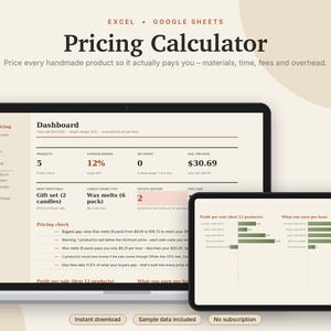Calcolatore prezzi Excel e Fogli Google, Prezzi dei prodotti per venditori Etsy, Foglio di calcolo per il calcolo di costi e profitti per prodotti fatti a mano / Crema neutra immagine 1