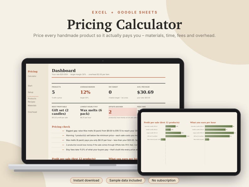 Calcolatore prezzi Excel e Fogli Google, Prezzi dei prodotti per venditori Etsy, Foglio di calcolo per il calcolo di costi e profitti per prodotti fatti a mano / Crema neutra immagine 1