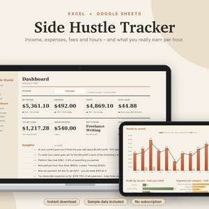 Side Hustle Tracker Excel & Google Sheets, Income Expense Tracker, Freelance Profit Dashboard, Small Business Spreadsheet | Neutral Cream