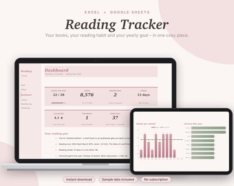 Reading Tracker Excel & Google Sheets, Book Log + Reading Journal, Reading Challenge, TBR List, Book Tracker Spreadsheet | Pink Aesthetic