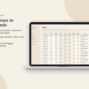 Lauftagebuch (Excel & Google Sheets), Lauftracker + Halbmarathon-Trainingsplan, Temporechner, Wettkampfprognose, Schuhprotokoll | Neutral Cream Bild 5