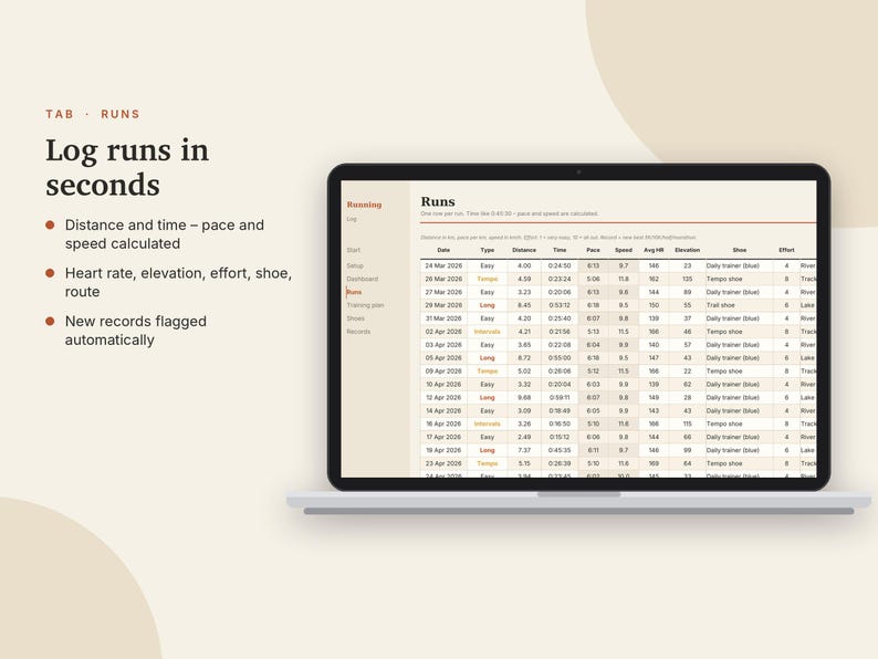 Lauftagebuch (Excel & Google Sheets), Lauftracker + Halbmarathon-Trainingsplan, Temporechner, Wettkampfprognose, Schuhprotokoll | Neutral Cream Bild 5