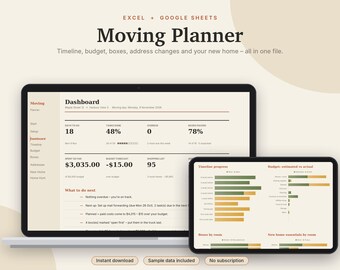 Flyttplanerare Excel och Google Sheets, Flyttchecklista, Flyttbudget, Kartonginventering, Kalkylblad för checklista för nytt hem | Neutral Cream
