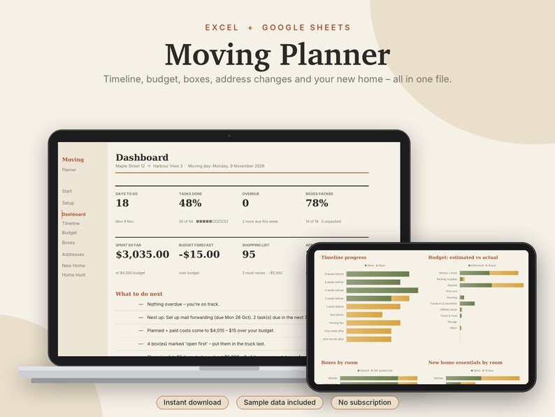 Moving Planner Excel & Google Sheets, Moving Checklist, Moving Budget, Box Inventory, New Home Checklist Spreadsheet | Neutral Cream image 1