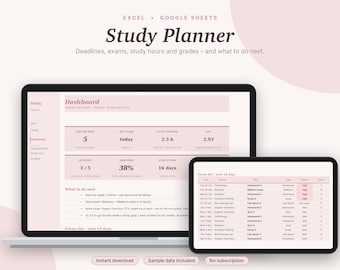 Student Planner Excel & Google Sheets, Assignment Tracker, Grade Calculator + GPA Tracker, Exam + Study Planner, College | Pink Aesthetic