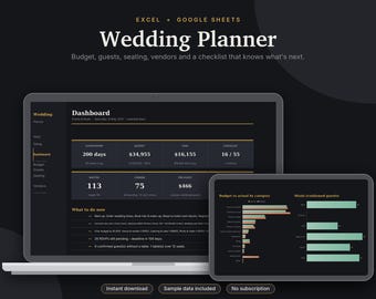 Wedding Planner Excel & Google Sheets, Wedding Budget, Guest List + RSVP Tracker, Seating Chart, Checklist + Vendor Tracker | Dark Mode
